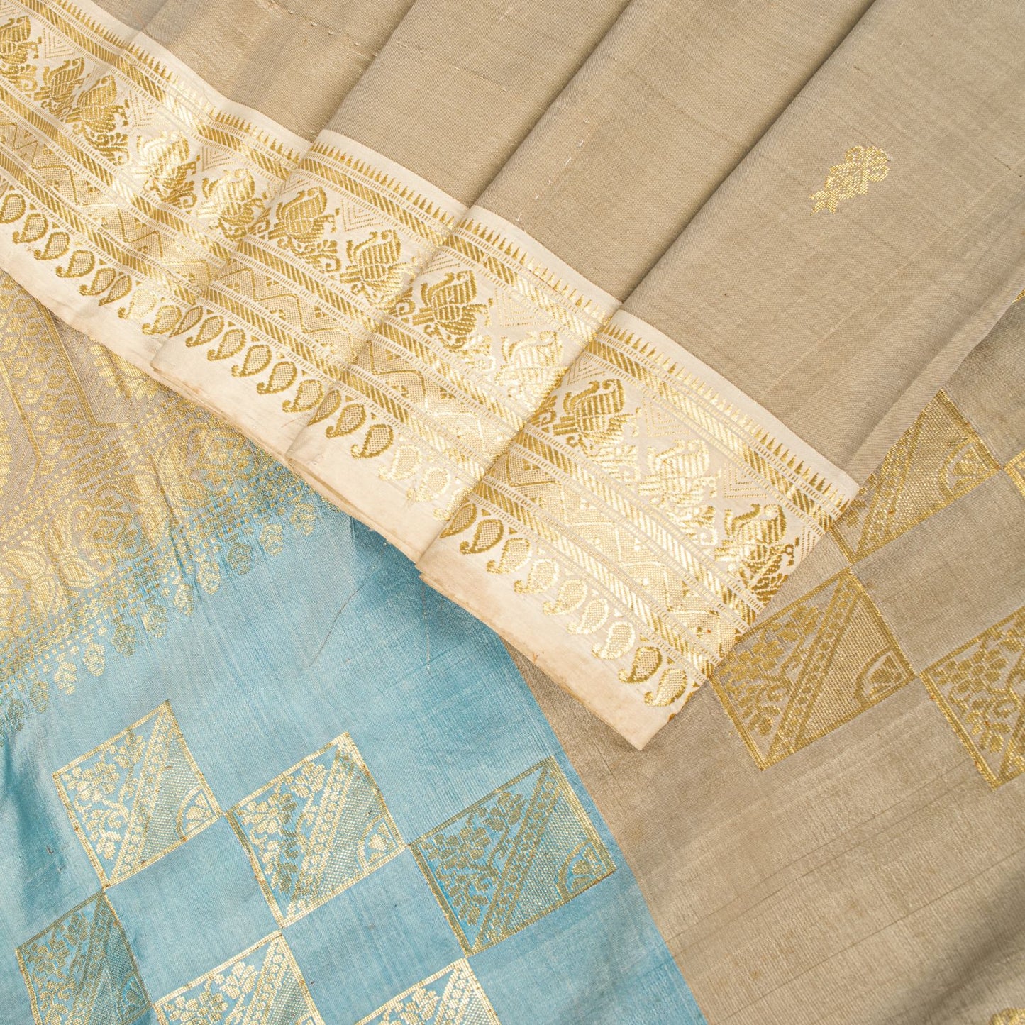 Sanskriti Vintage Saree Silver-Green Pure Silk Zari Hand Woven Sari 6YD Fabric