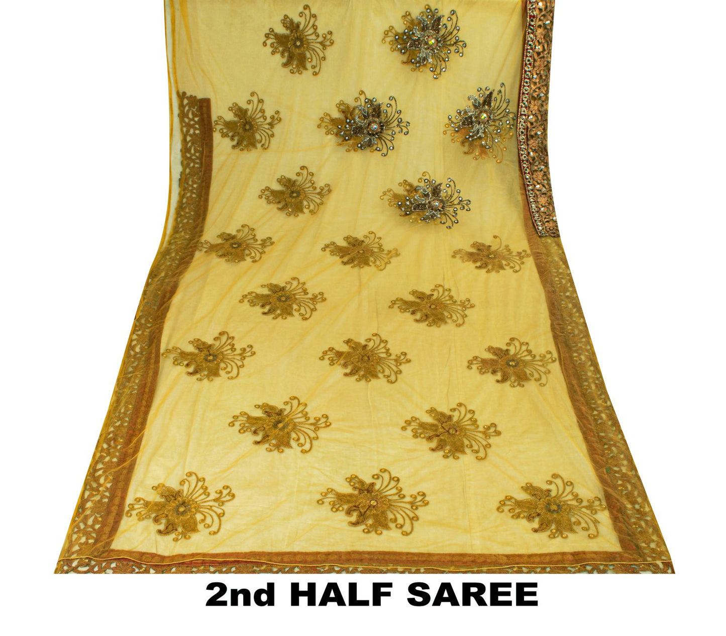 Sanskriti Vintage Yellow Net Saree Hand Embroidery Zari Zardozi Beaded Sari 7 Yd