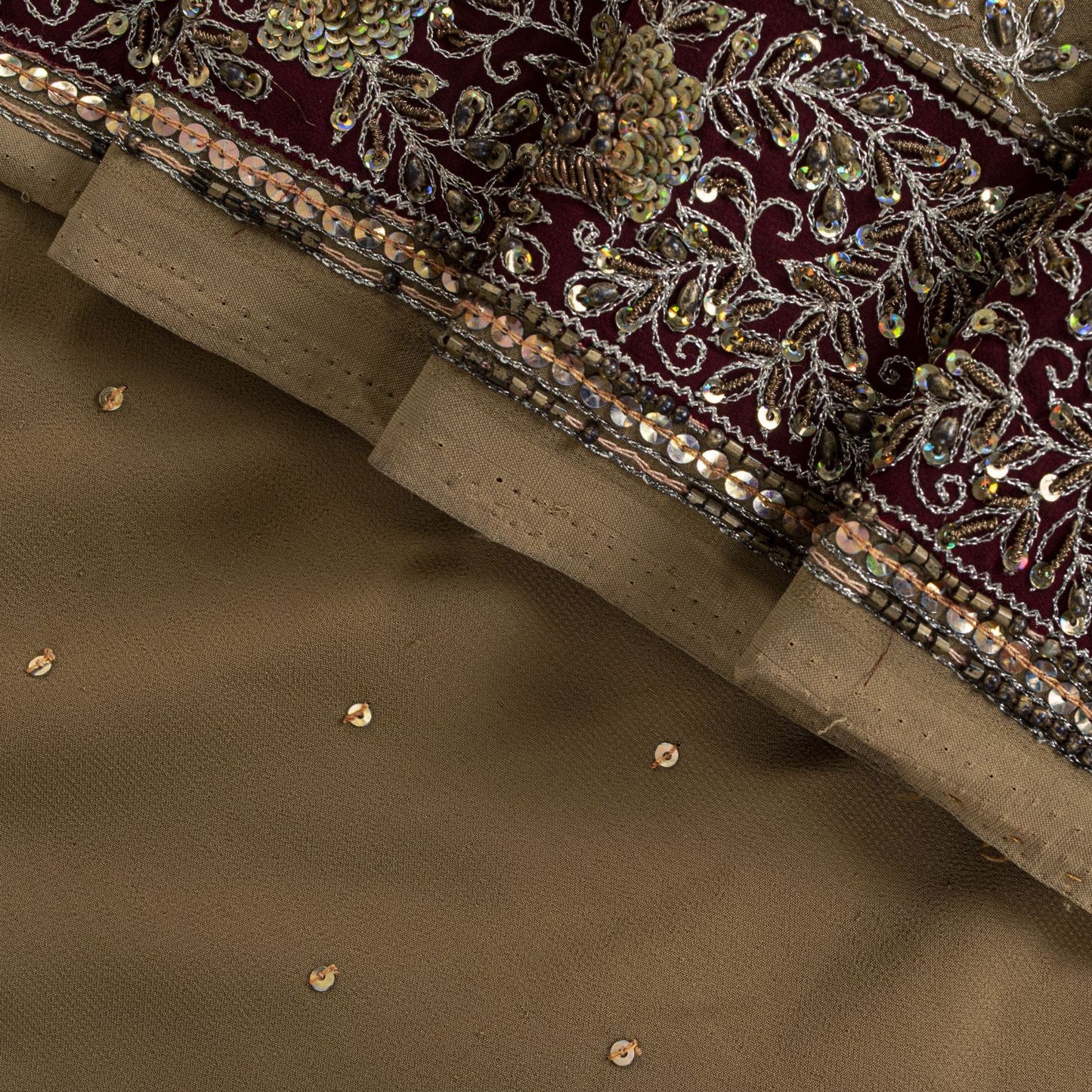 Sanskriti Vintage Saree Beige Georgette Hand Embroidery Zari Zardozi Sari 5.5 YD