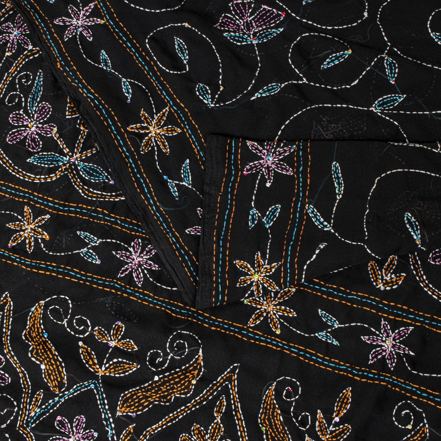 Sanskriti Vintage Black Georgette Saree Hand Embroidery Kantha Bengal Sari 5.5YD