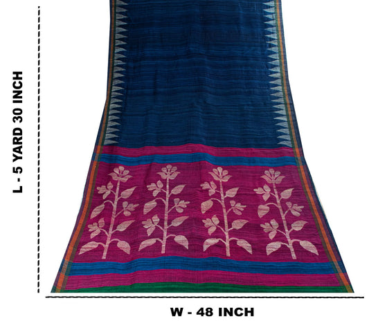 Sanskriti Vintage Saree Blue Cotton Silk Tant Hand Woven Bengali Sari 5.5 Fabric