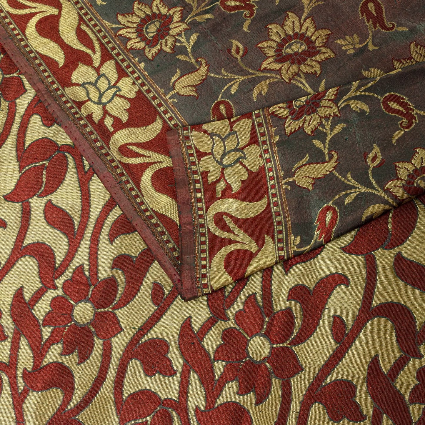 Sanskriti Vintage Saree Green-Wine Pure Silk Kalamkari Brocade Hand Woven Sari