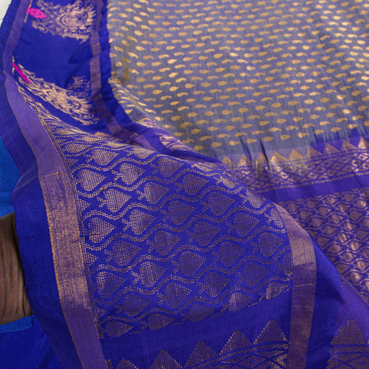 Sanskriti Vintage Saree Blue Blend Cotton Brocade Zari Handwoven Sari 5+YD Craft