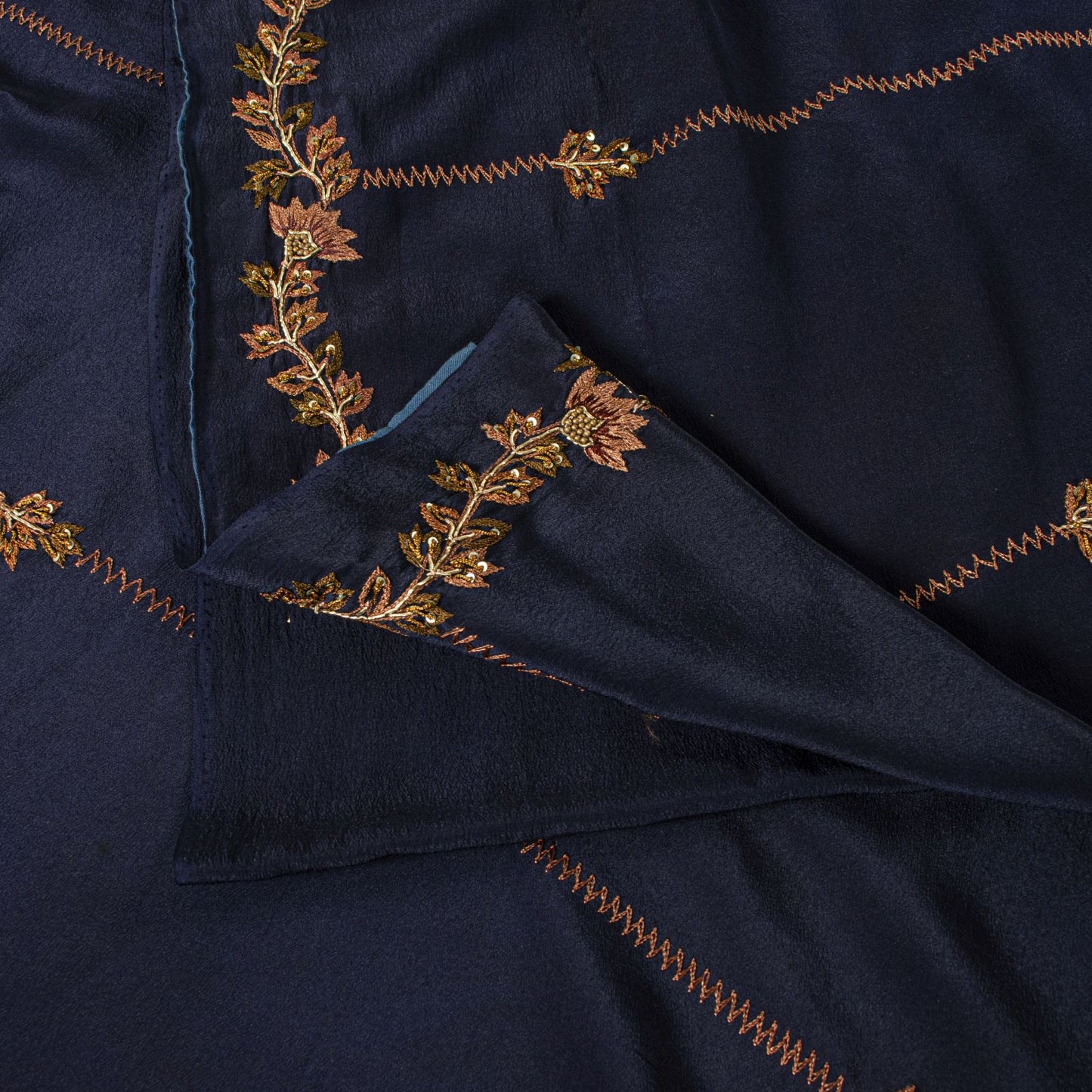 Sanskriti Vintage Saree Blue Pure Crepe Silk Wedding Hand Embroidery Sari 5.5+YD