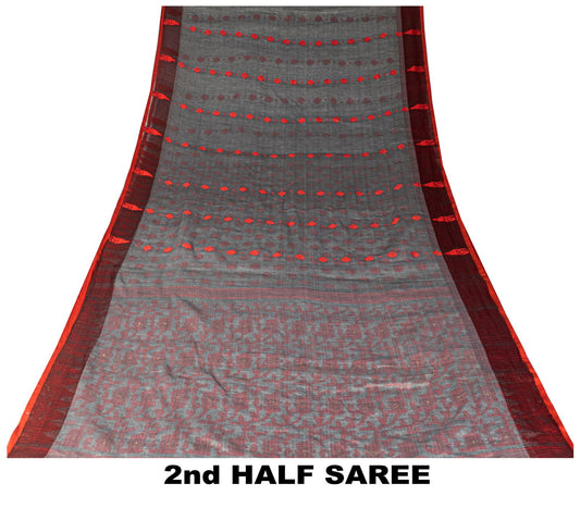 Sanskriti Vintage Saree Gray-Red Blend Cotton Jamdani Woven West Bengal 5.5YSari