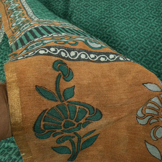 Sanskriti Vintage Saree Green 100% Pure Tussar Silk Floral Print Sari 5+YD Craft