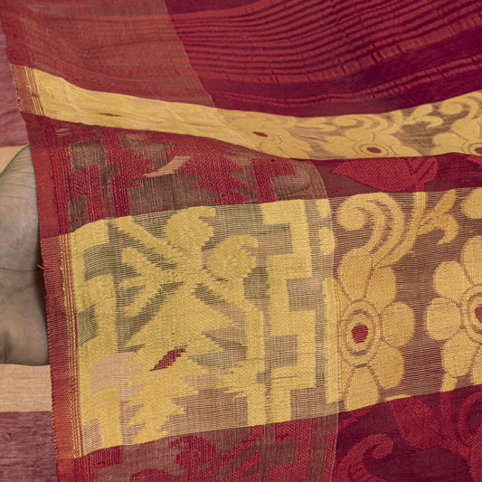 Sanskriti Vintage Saree Red Blend Cotton Jamdani Woven Bengali Sari 5.5YD Fabric