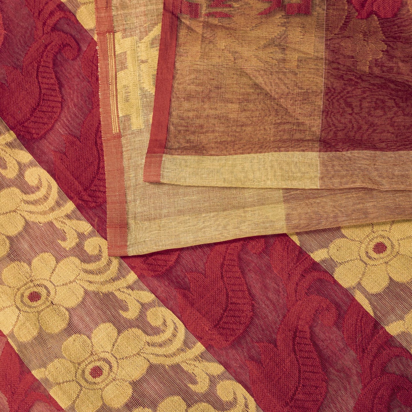 Sanskriti Vintage Saree Red Blend Cotton Jamdani Woven Bengali Sari 5.5YD Fabric