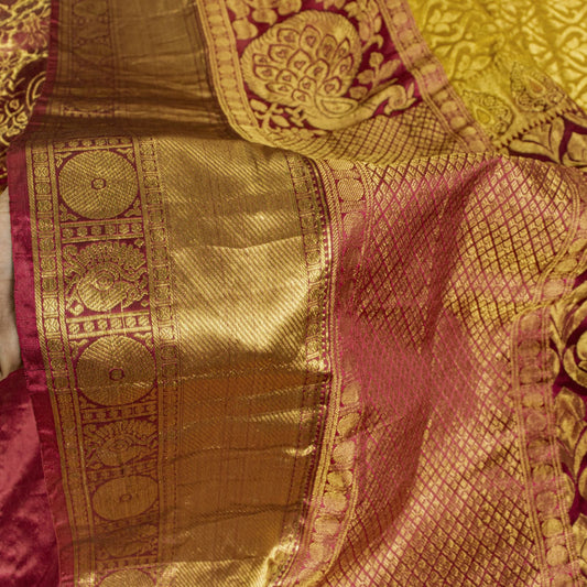 Sanskriti Vintage Saree Yellow Blend Silk Kanchipuram-Paithani Peacock Zari Sari