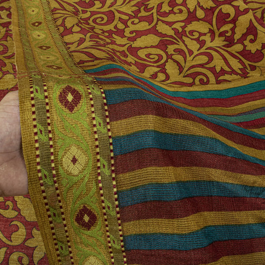 Sanskriti Vintage Saree Red 100% Pure Silk Woven-Floral Print Premium 5+Yd Sari