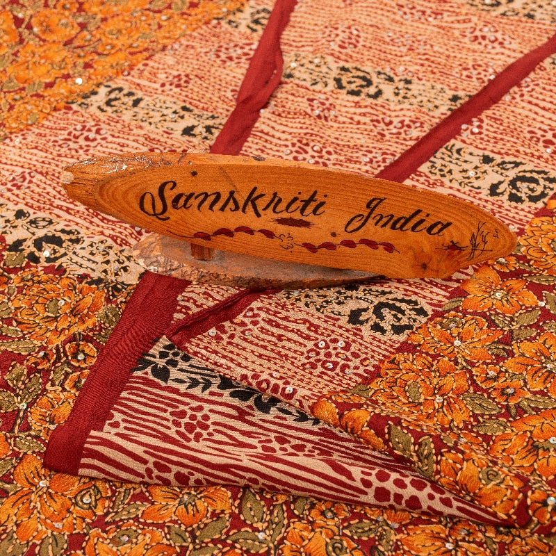 Sanskriti Vintage Orange Pure Crepe Saree Kantha Work Sari 5+Yard Craft Fabric