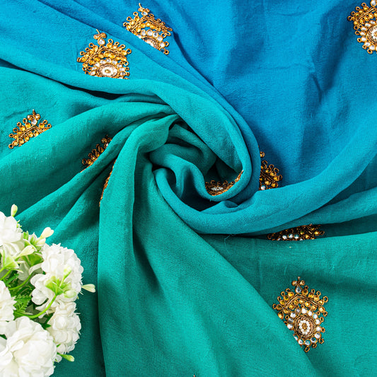 Sanskriti Vintage Blue Pure Georgette Saree Handbead Zardozi Dabka 6.5 YD Fabric