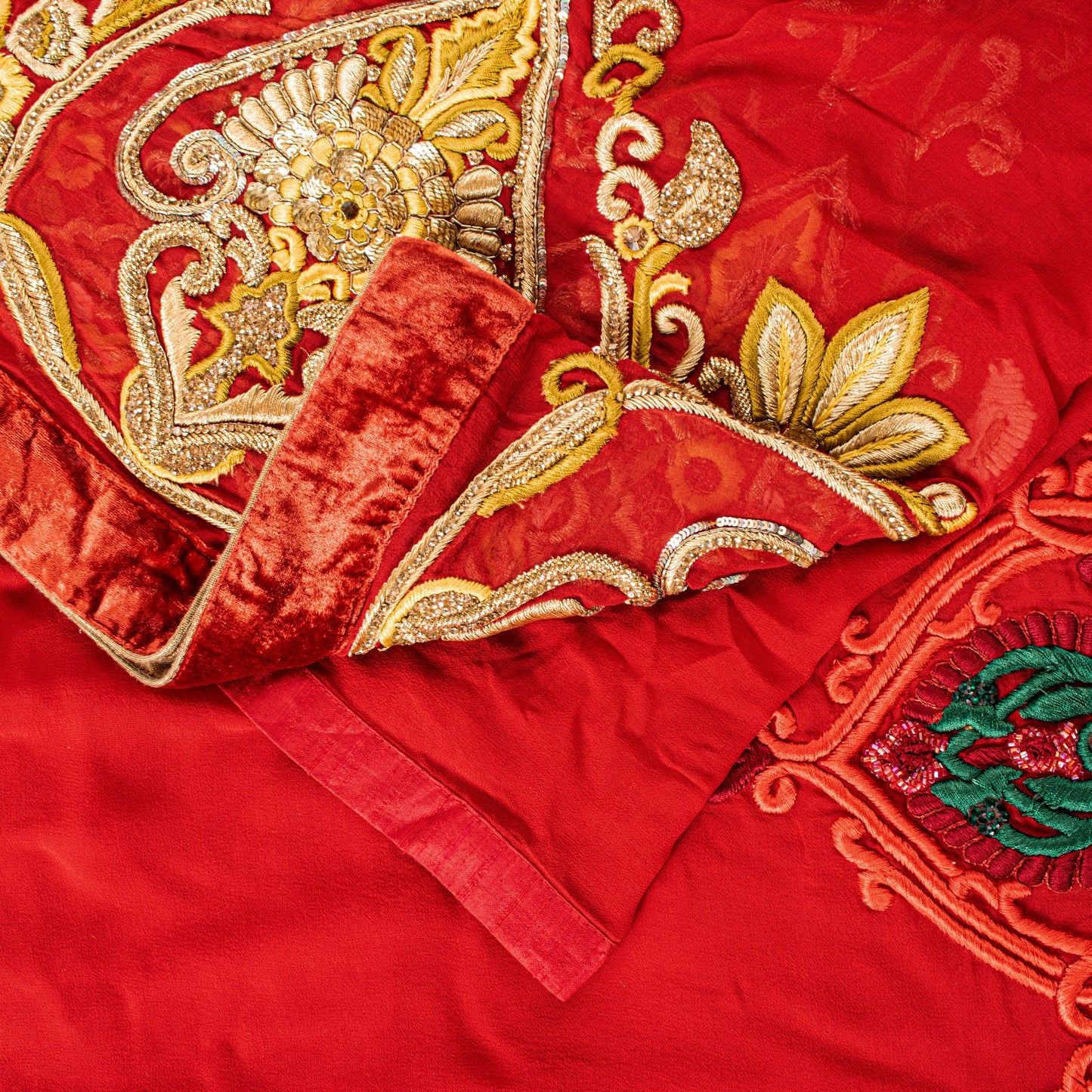 Sanskriti Vintage Saree Red 100% Pure Georgette Silk Dabka Embroidery Sequins Beads & Patch 6Yd Craft Fabric Home Decor, Sewing, Upcycling
