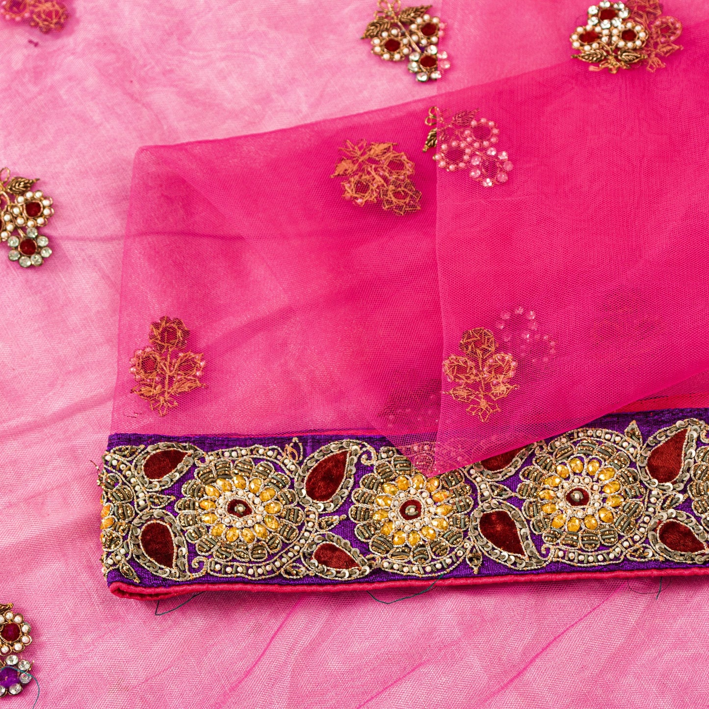 Sanskriti Vintage Pink Net Mesh Saree Hand Beaded Dabka Rhinestone 6+YD Fabric