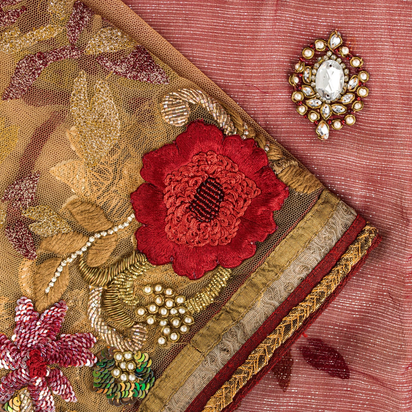 Sanskriti Vintage Saree Red-Golden 100% Pure Georgette Silk/Net Saree Hand Bead Zari 6+Yd Fabric Home Decor, Sewing, Upcycling, Projects