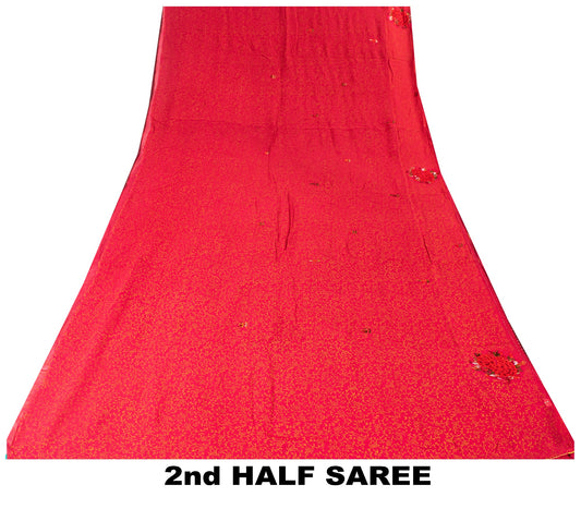 Sanskriti Vintage Saree Red 100% Pure Georgette Silk Saree Hand Embroidery 5.Yd Printed Craft fabric Uses-Table linen, Cushions, Curtains