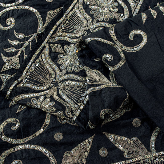 Sanskriti Vintage Saree Black Art Silk Embroidery Sequin Zari 5.5+Yd Decorative Craft Create Dresses, Kaftan, Skirt, Tops, Projects