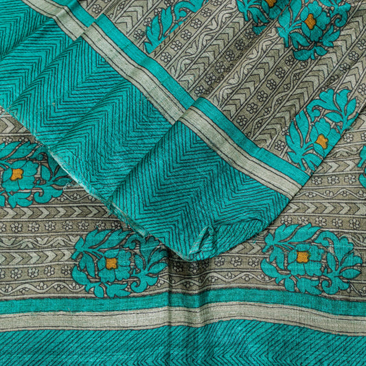 Sanskriti Vintage Gray-Green Pure Bamboo Saree HandBlock Kalamkari 6+YD Fabric