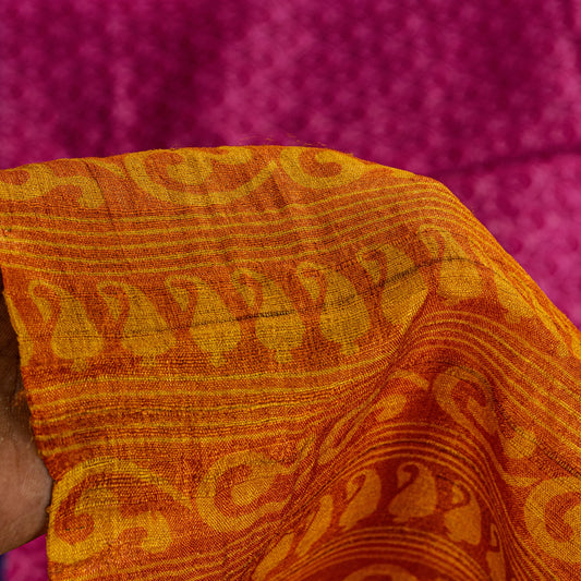 Sanskriti Vintage Pink-Yellow Pure Bamboo Silk Saree HandBlock Print 5.97 Fabric