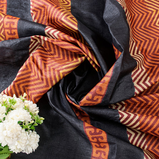 Sanskriti Vintage Black Pure Bamboo Silk Saree Bagru Hand Block Print 6+YD Sari