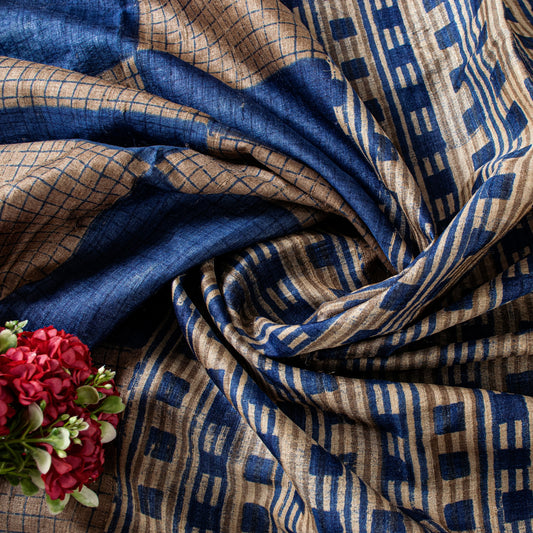 Sanskriti Vintage Blue-Ivory Pure Bamboo Silk Bagru Saree Hand Block 6+YD Sari