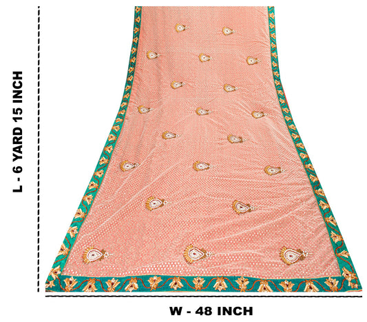 Sanskriti Vintage Red-Pink Saree With Blouse Piece 100% Pure Silk & Net Saree Craft Fabric Hand Beaded Zardozi Dabka Woven 6+Yd Sari
