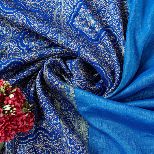 Sanskriti Vintage Blue Pure Silk Saree Brocade Woven 5.+YD Fabric With Blouse Pc