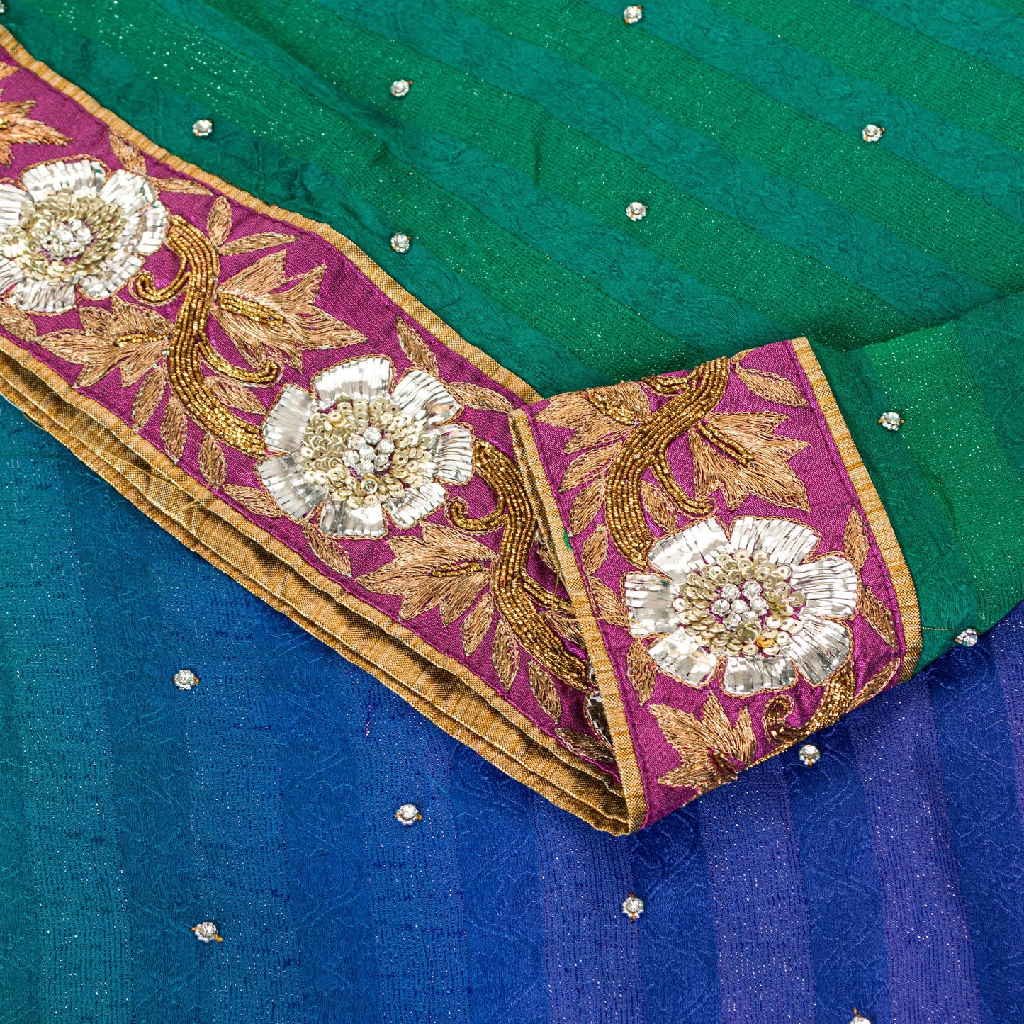 Sanskriti Vintage Green-Blue Saree With Blouse Pc 100% Pure Silk Sarees Hand Beaded Zari Sequins 5.5+D Craft Fabric Home Decor, Upcycled