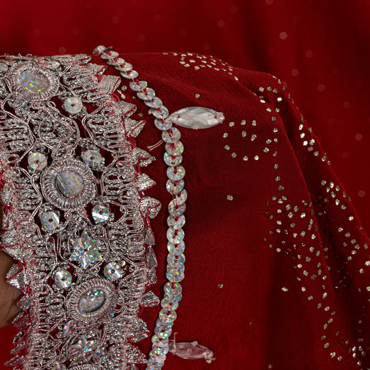 Sanskriti Vintage Red Pure Crepe Saree Hand Beaded Mukaish Work Bollywod 5.5+YD