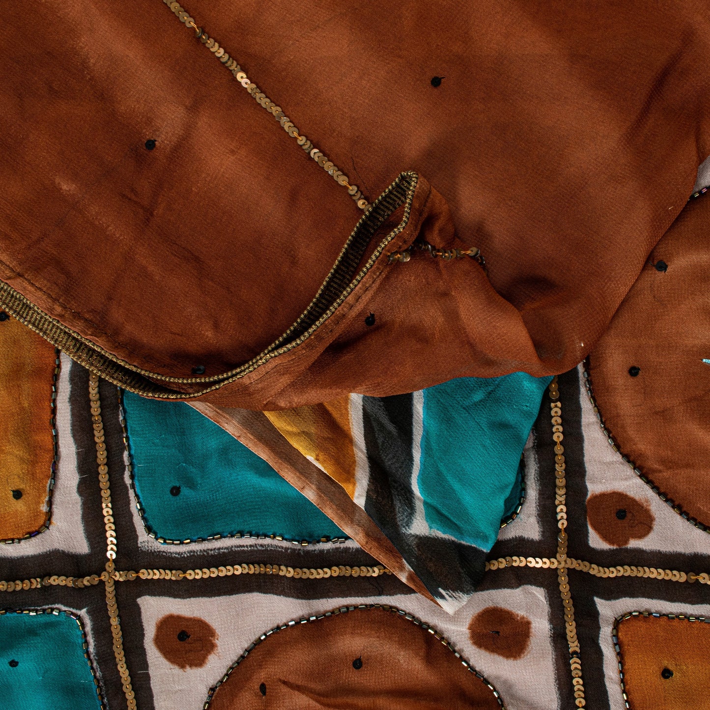 Sanskriti Vintage Brown Pure Georgette Silk Saree Hand Bead Print Sari 6YD Craft