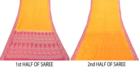 Sanskriti Vintage Soft Yellow-Pink Pure Silk Saree Brocade Woven Sari 5.5 Craft
