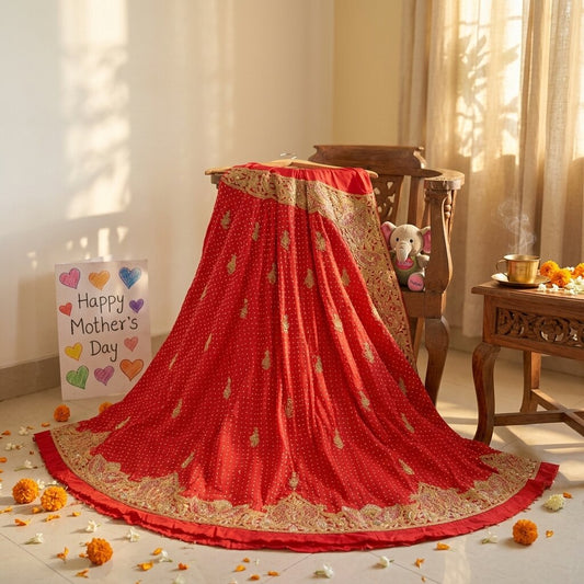 Sanskriti New Red Pure Silk Unstitched Lehenga Hand Embroidered Zardozi-Patch