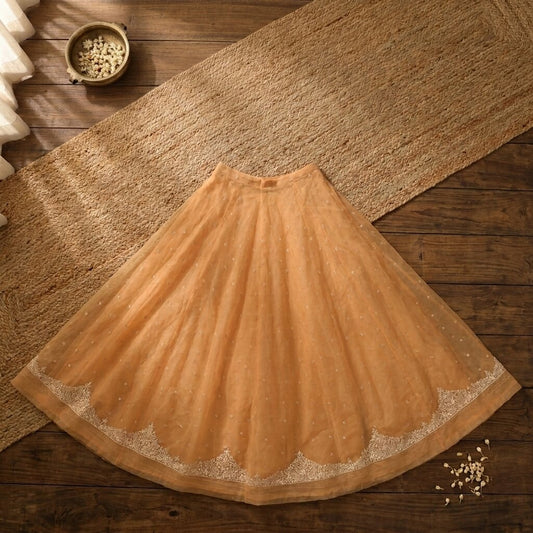Sanskriti New Cream Net Unstitched Premium Lehenga Hand Embroidered Zardozi-Bead