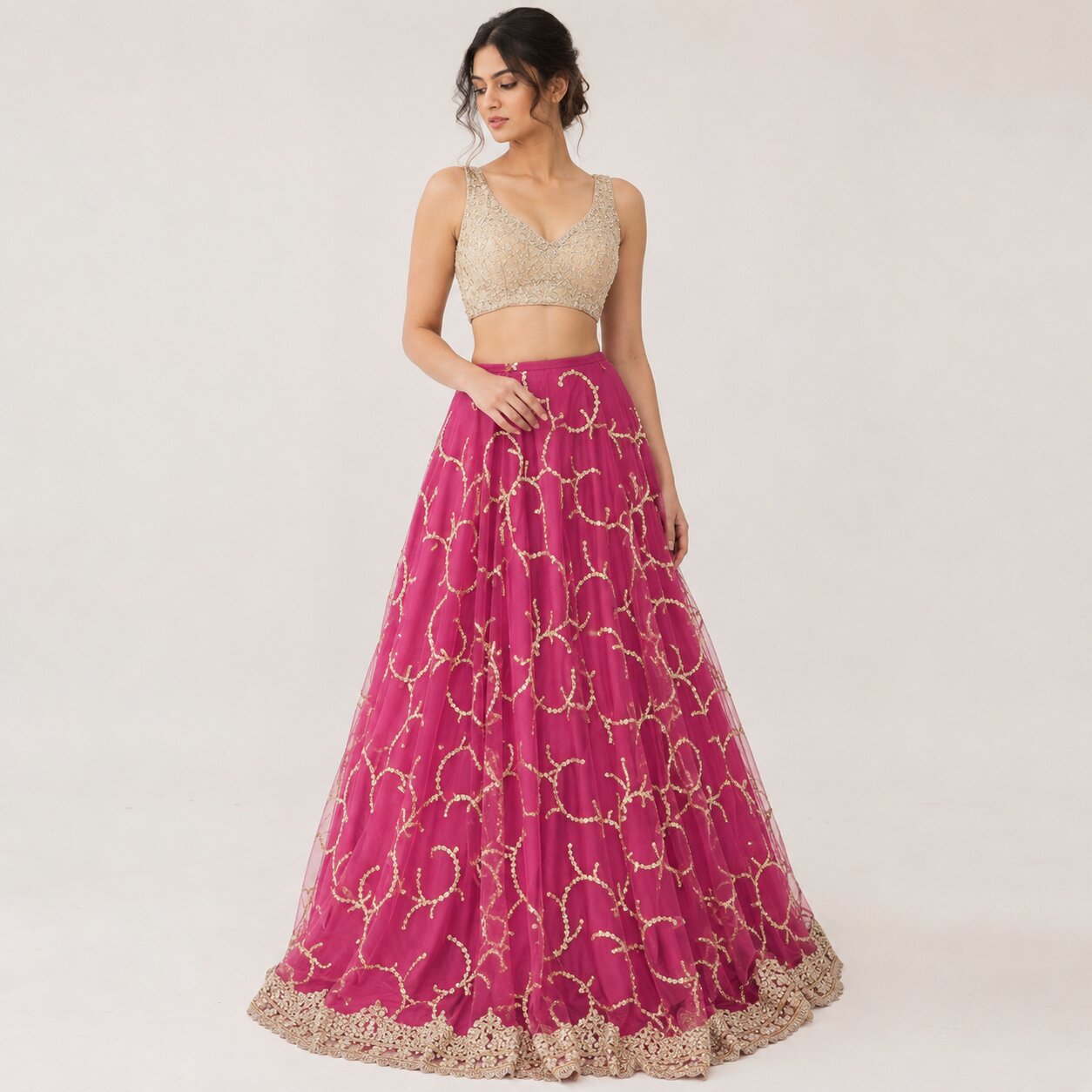 Sanskriti Vintage Pink Net Stitched Indian Lehenga Hand Embroidery Zardozi Zari