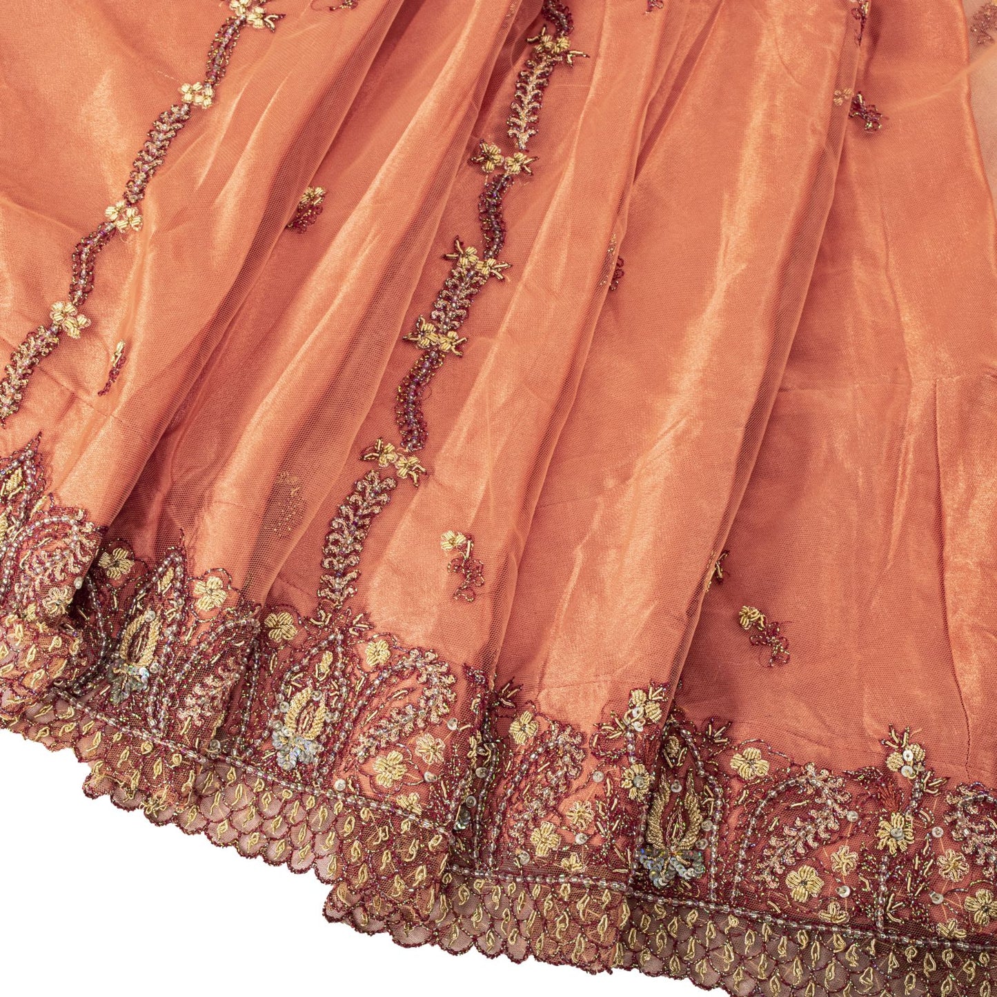 Sanskriti Vintage Peach Net Mesh Stitched Lehenga Antique Hand Embroidery Dabka