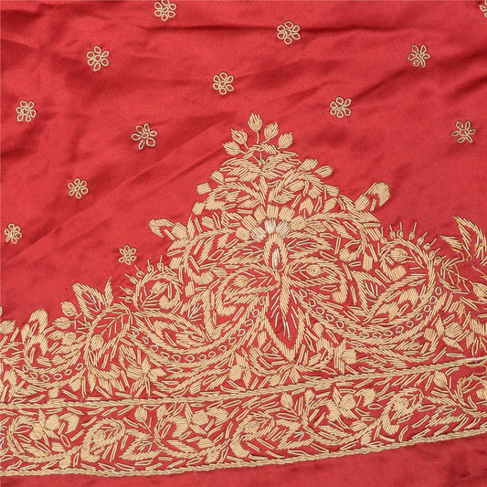 Sanskriti New Red Satin Silk Unstitched Wedding Lehenga Hand Embroidered Zardozi