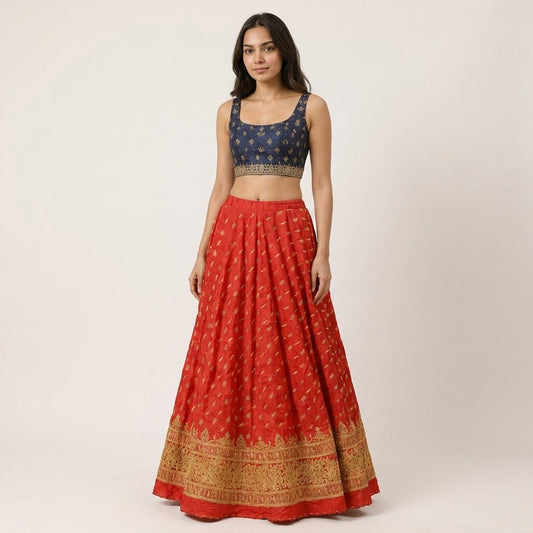 Sanskriti New Red Pure Silk Unstitched Wedding Lehenga Hand Embroidered Zardozi