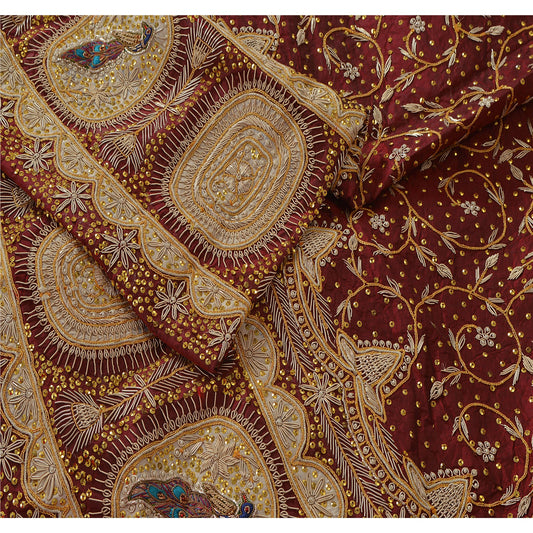 Sanskriti New Maroon Pure Silk Unstitched Indian Lehenga Hand Embroidery Zardozi