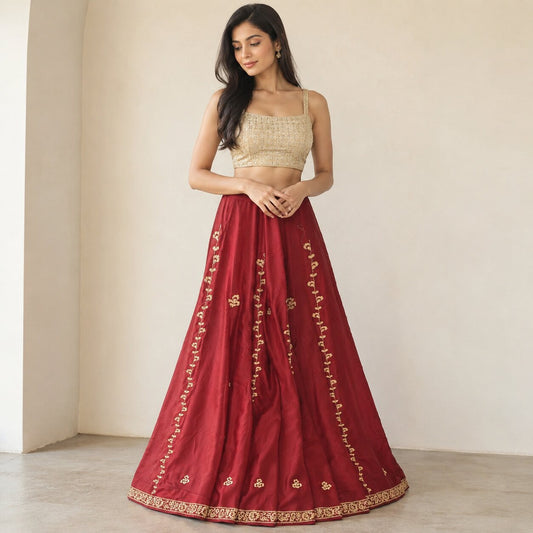 Sanskriti New Red Pure Silk Unstitched Wedding Lehenga Hand Embroidered Zardozi