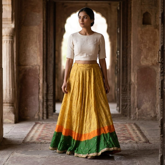 Sanskriti Vintage Yellow Pure Silk Stitched Wedding Lehenga Hand Embroidered