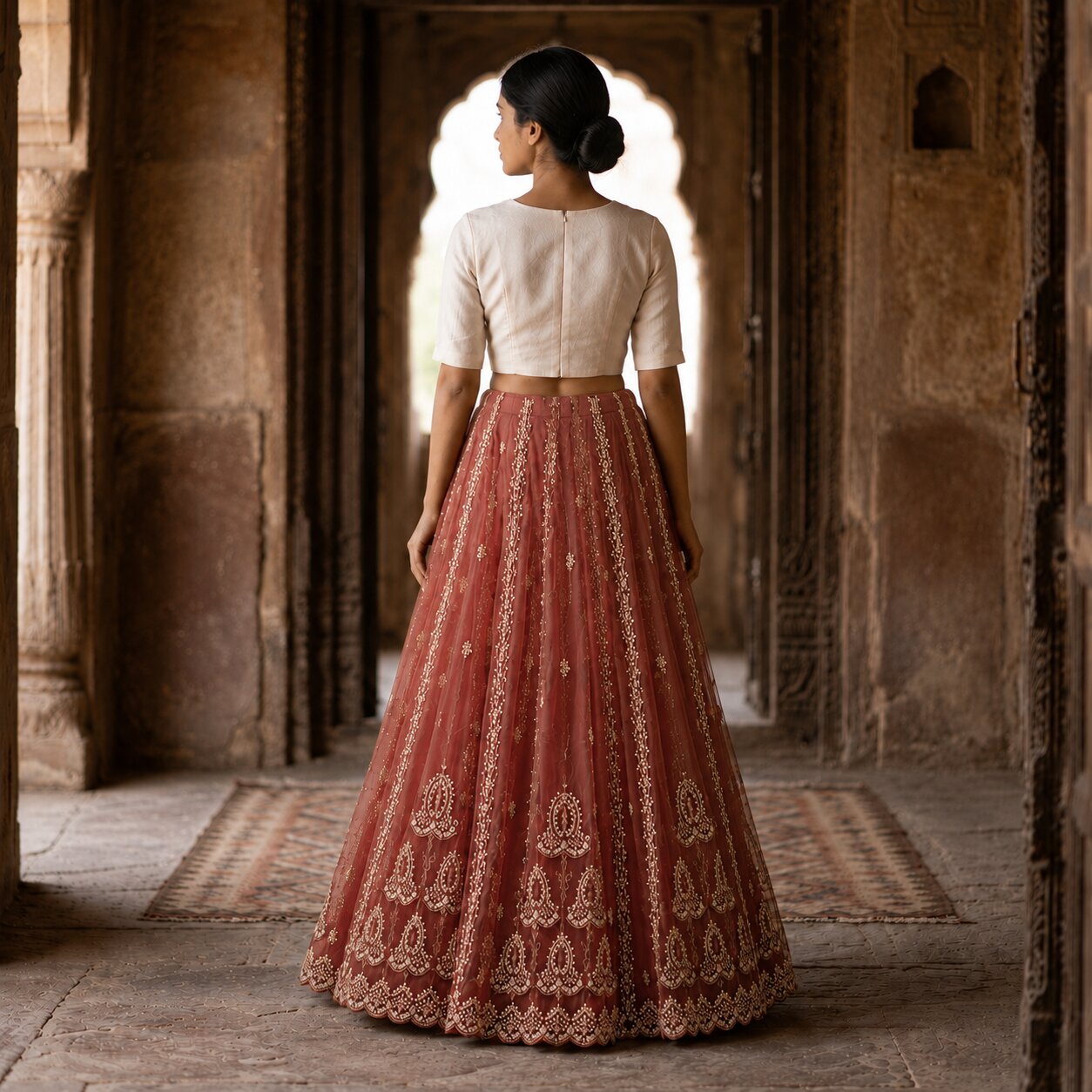 Sanskriti New Red Net Unstitched Bridal Lehenga Hand Embroidered Zardozi-Beaded