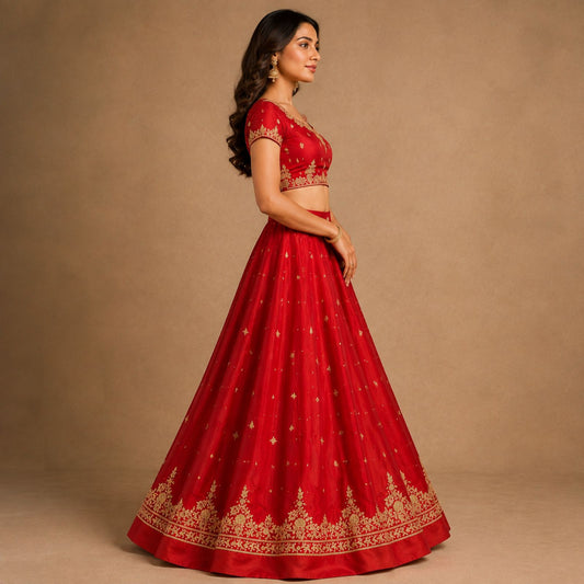 Sanskriti New Hand Embroidered Zardozi Red Pure Satin Unstitched Lehenga Wedding