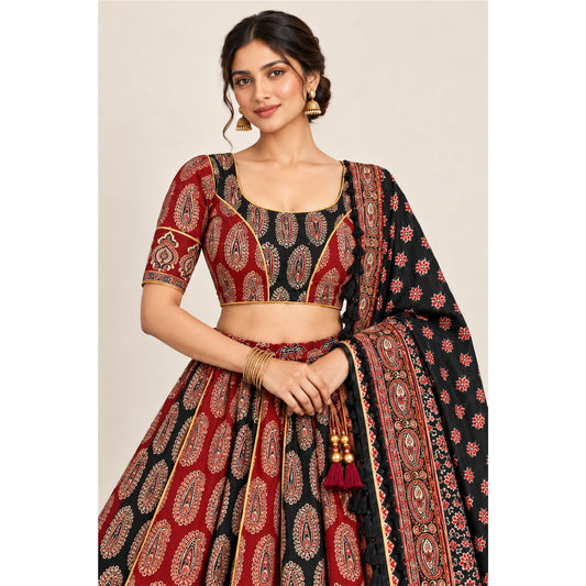 Ajrakh Printed Pure Cotton Black-Marron Lehenga Choli Set Traditional Navratri Garba Chaniya Choli for Dandiya Night Dress By KreatvKraft