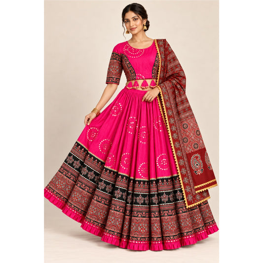 Ajrakh Printed Cotton Pink Lehenga Choli Set Traditional Navratri Garba Chaniya Choli for Dandiya Night Traditional Dress By KreatvKraft