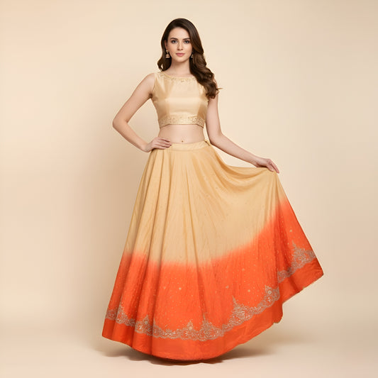 Sanskriti Vintage CreamLong Lehenga Satin Silk Hand Embroidered Zardozi Unstitch