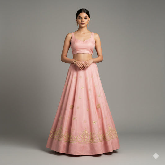 Sanskriti Vintage Pink Long Lehenga Satin Silk Hand Embroidered Zardozi Unstitch