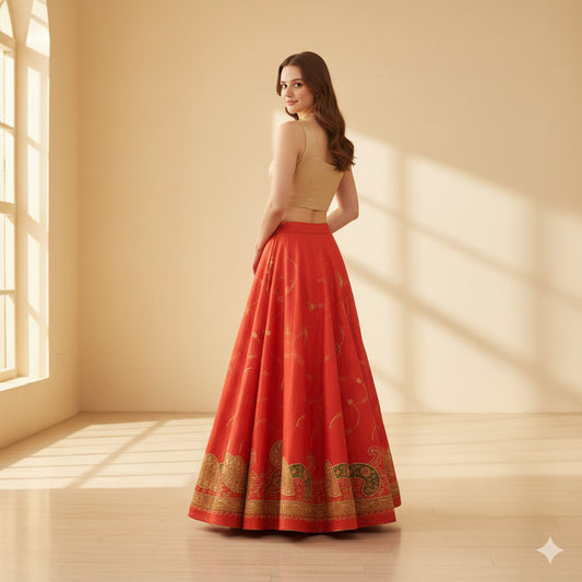 Sanskriti Vintage Red Long Lehenga Art Silk Hand Beaded Zardozi Patch Unstitched