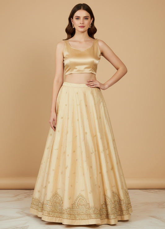 Sanskriti Vintage Cream Long Lehenga Art Silk Hand Embroidered Zardozi Unstitch