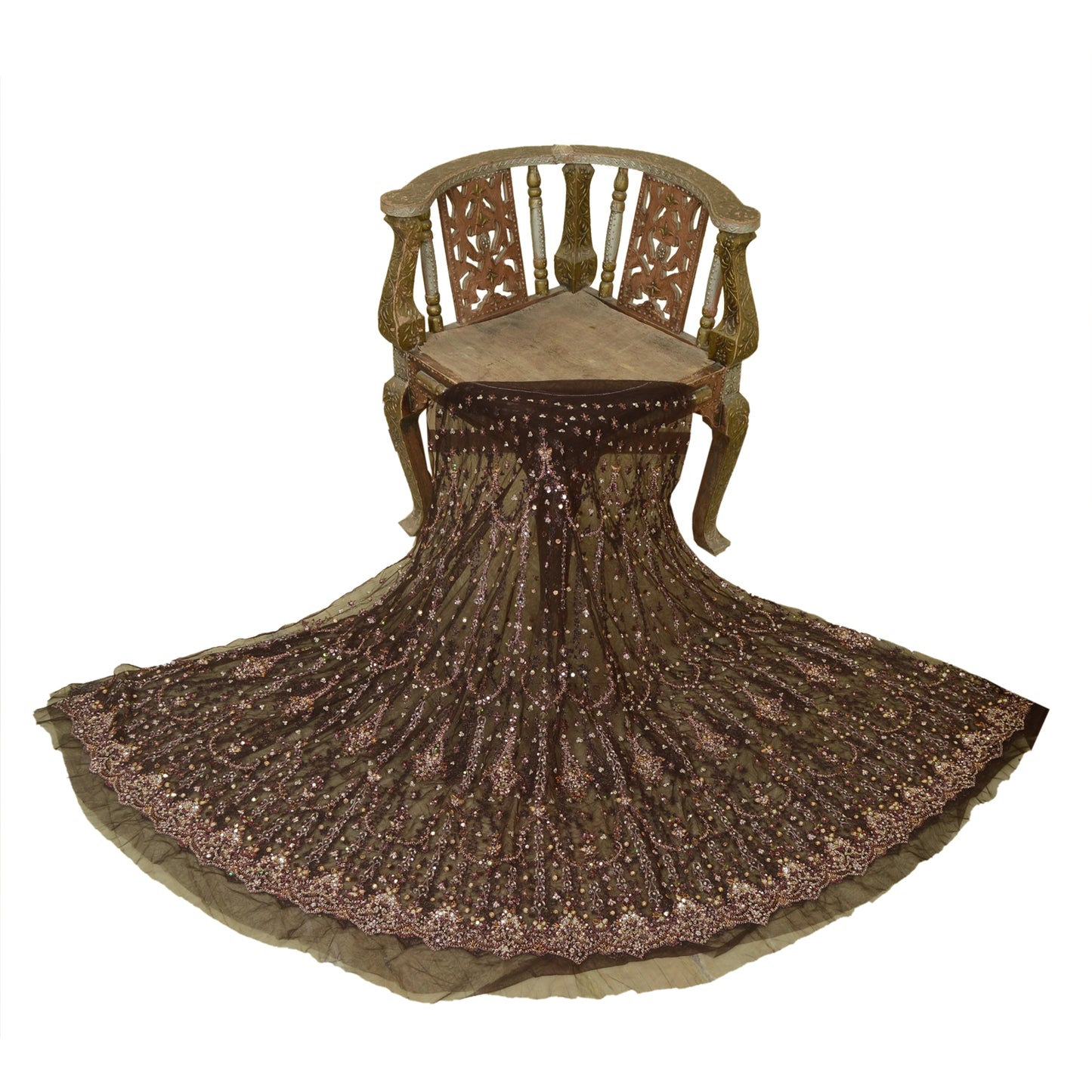 Sanskriti Vintage Brown Long Lehenga Net Mesh Hand Beaded Zardozi Unstitched