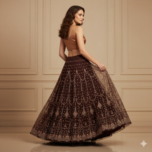 Sanskriti Vintage Brown Long Lehenga Net Mesh Hand Beaded Zardozi Unstitched